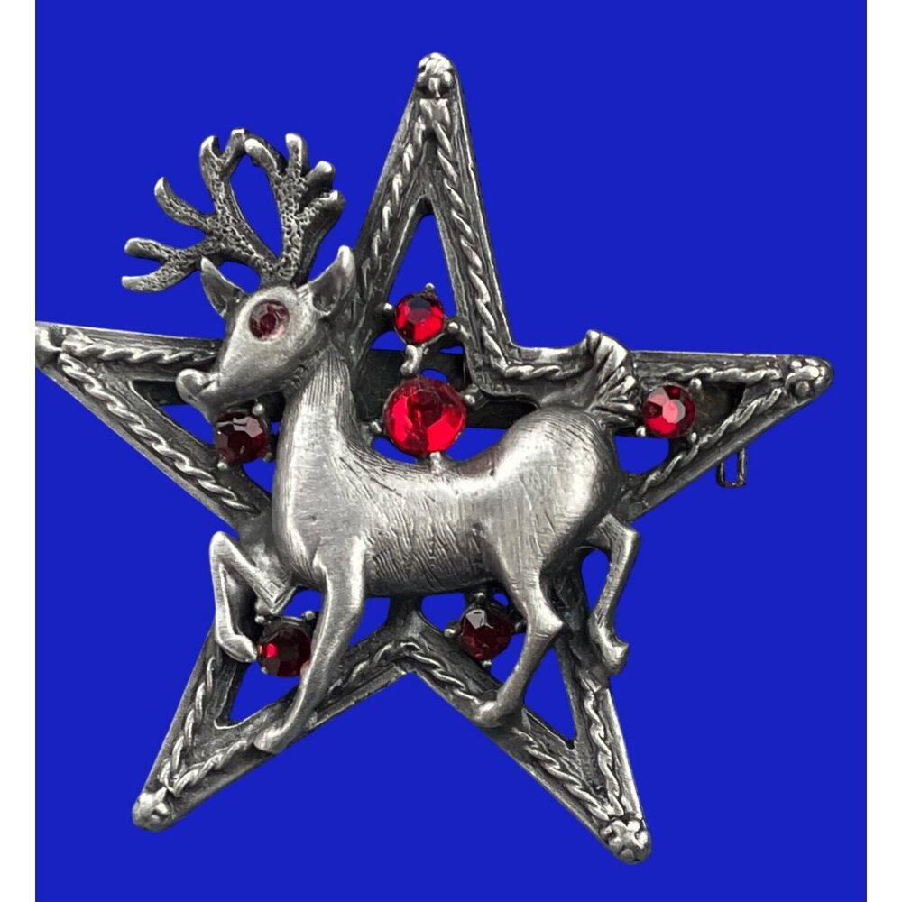 Reindeer Star Brooch With Red Rhinestones Silver-Tone Vintage Pin
